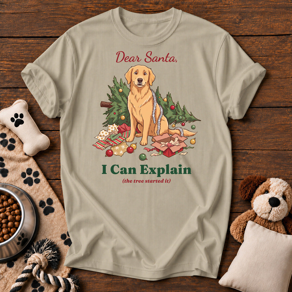 Golden Retriever I Can Explain Tee — funny dog t-shirt in Sandstone, Comfort Colors 1717 flat lay