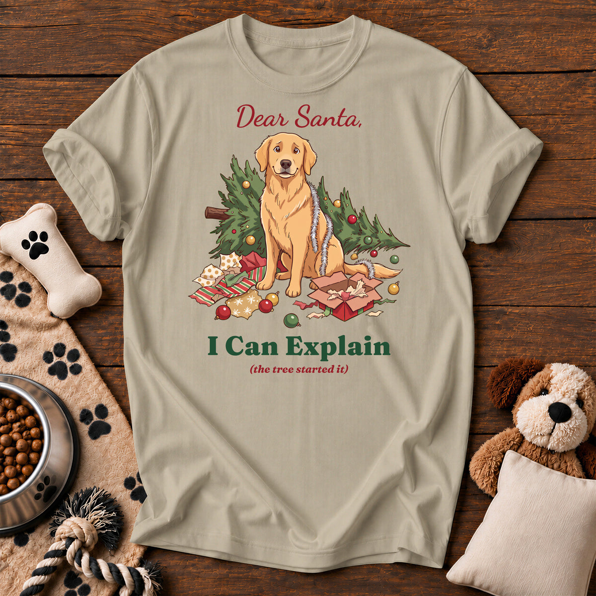 Golden Retriever I Can Explain Tee — funny dog t-shirt in Sandstone, Comfort Colors 1717 flat lay