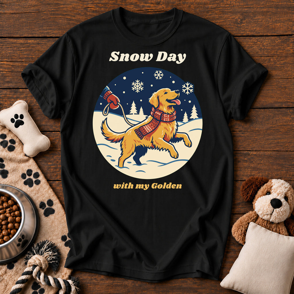 Golden Retriever Snow Day Tee — funny dog t-shirt in Black, Comfort Colors 1717 flat lay
