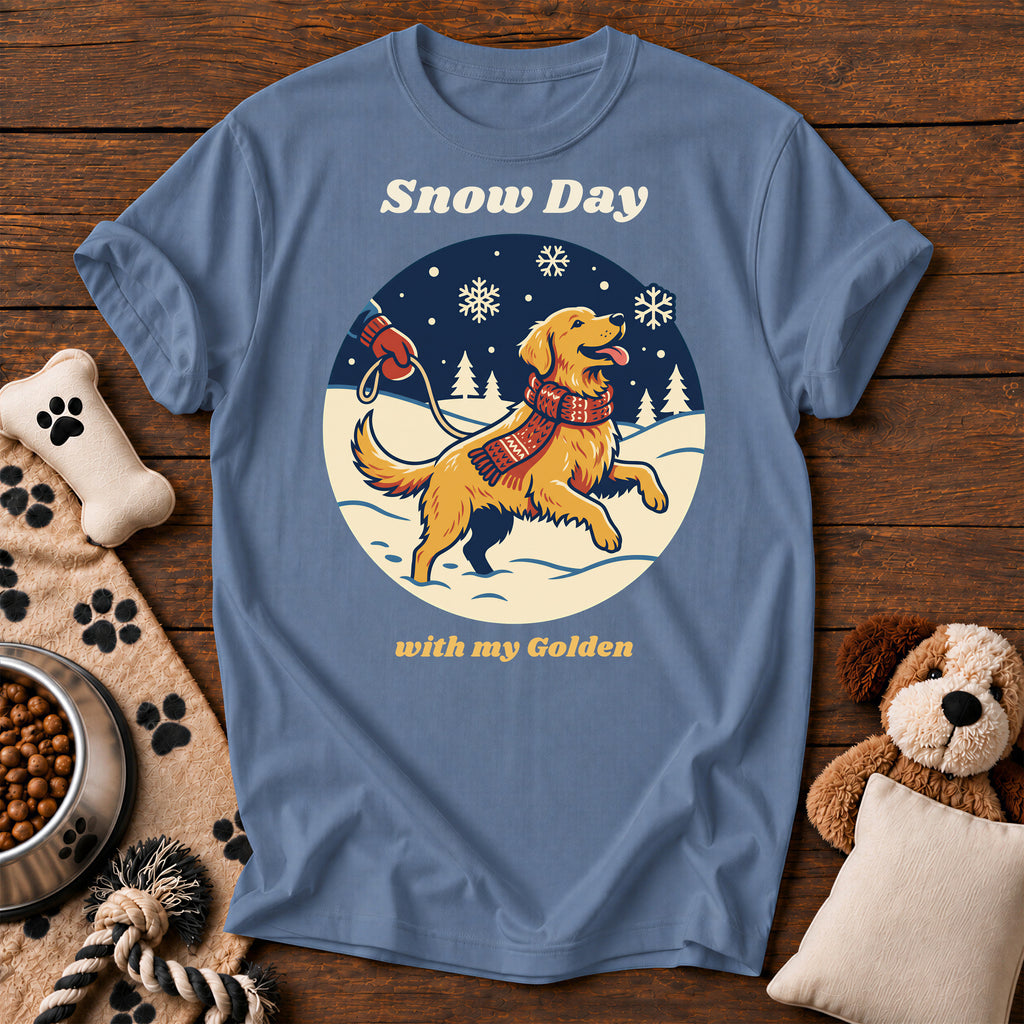 Golden Retriever Snow Day Tee — funny dog t-shirt in Blue Jean, Comfort Colors 1717 flat lay