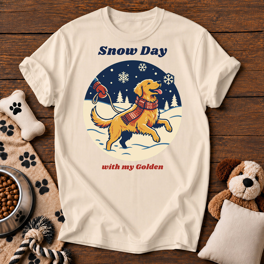 Golden Retriever Snow Day Tee — funny dog t-shirt in Ivory, Comfort Colors 1717 flat lay