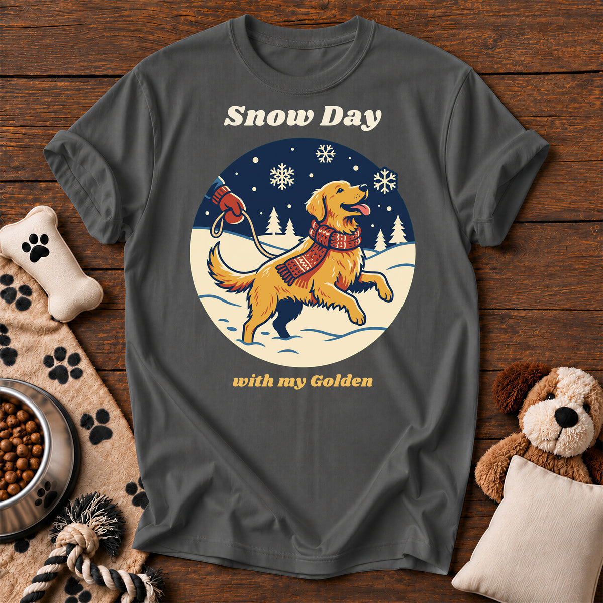Golden Retriever Snow Day Tee — funny dog t-shirt in Pepper, Comfort Colors 1717 flat lay