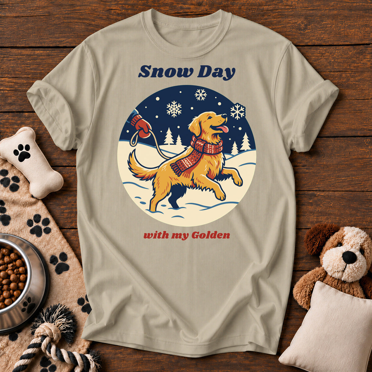 Golden Retriever Snow Day Tee — funny dog t-shirt in Sandstone, Comfort Colors 1717 flat lay