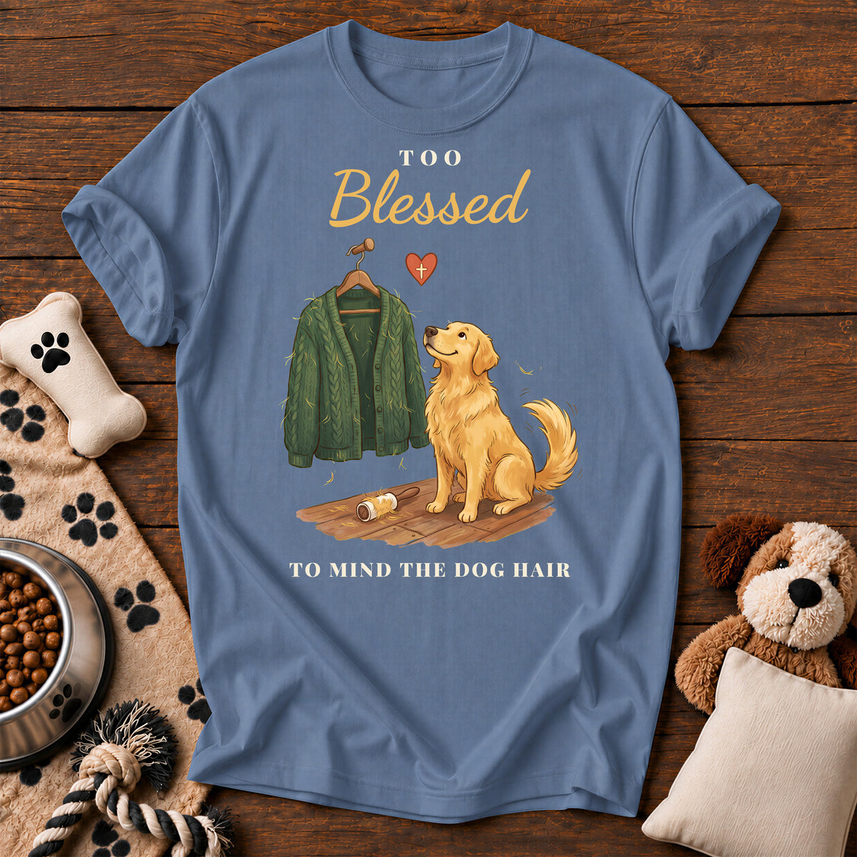 Golden Retriever Too Blessed Tee — funny dog t-shirt in Blue Jean, Comfort Colors 1717 flat lay
