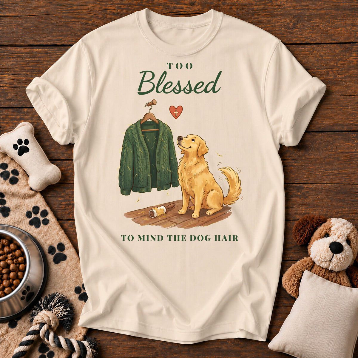 Golden Retriever Too Blessed Tee — funny dog t-shirt in Ivory, Comfort Colors 1717 flat lay