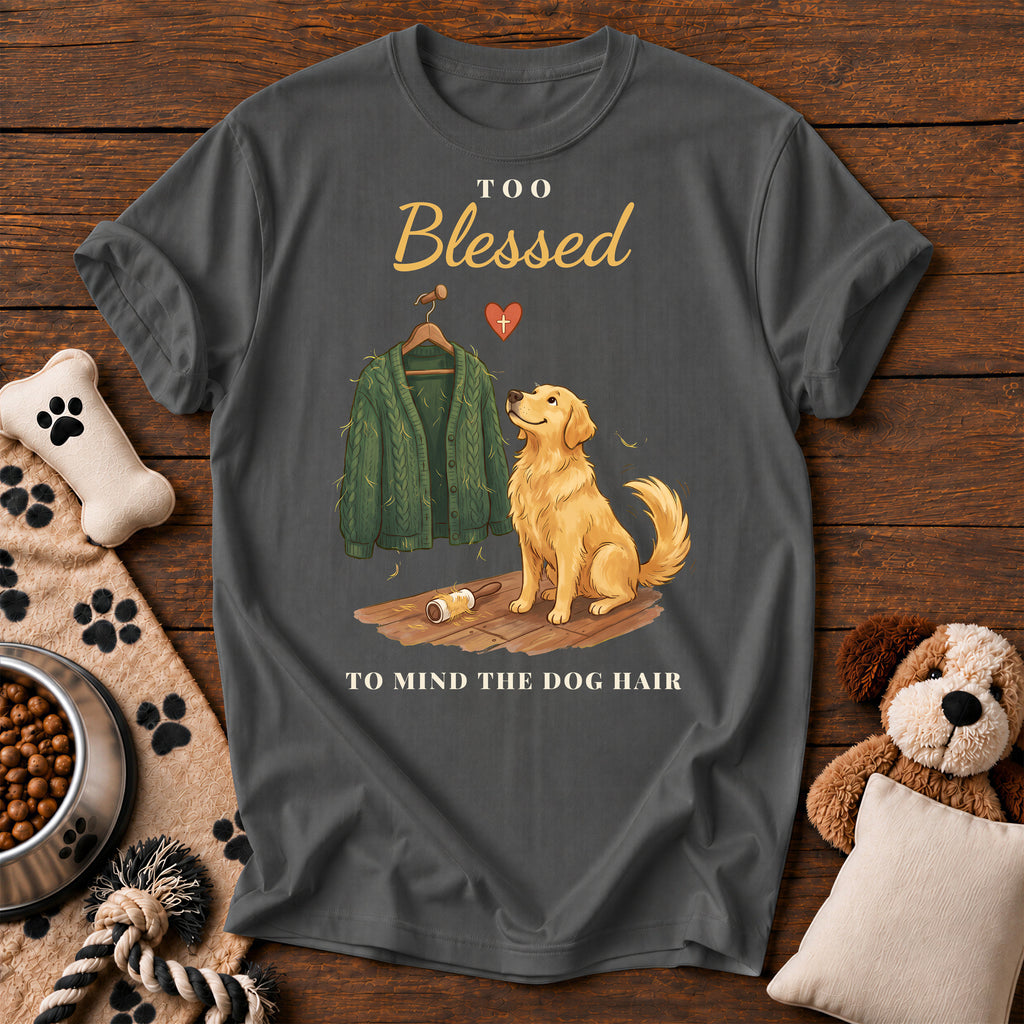 Golden Retriever Too Blessed Tee — funny dog t-shirt in Pepper, Comfort Colors 1717 flat lay