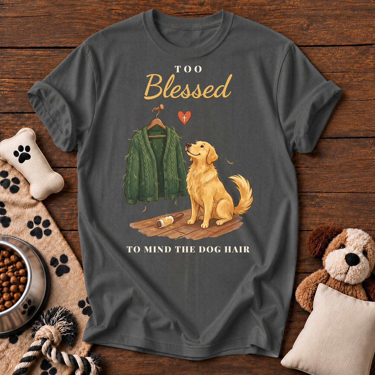 Golden Retriever Too Blessed Tee — funny dog t-shirt in Pepper, Comfort Colors 1717 flat lay