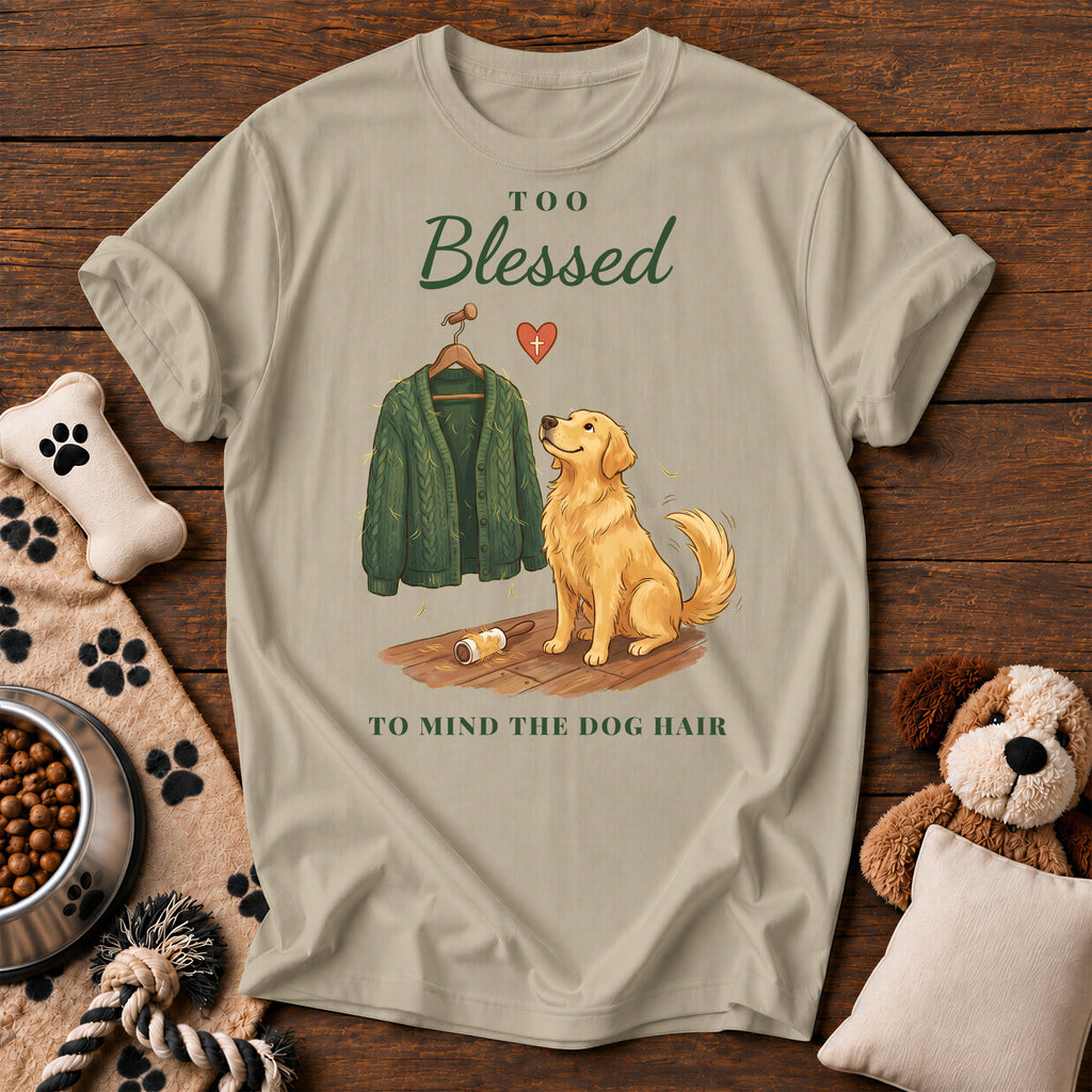 Golden Retriever Too Blessed Tee — funny dog t-shirt in Sandstone, Comfort Colors 1717 flat lay