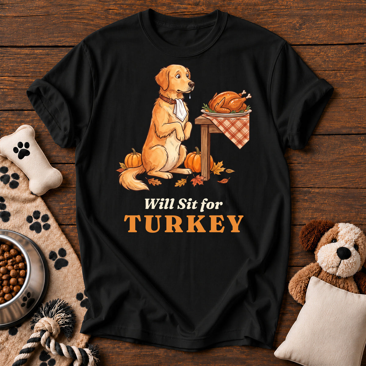 Golden Retriever Will Sit for Turkey Tee — funny dog t-shirt in Black, Comfort Colors 1717 flat lay