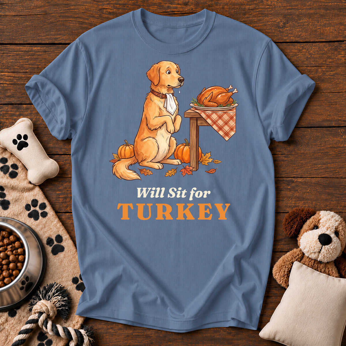 Golden Retriever Will Sit for Turkey Tee — funny dog t-shirt in Blue Jean, Comfort Colors 1717 flat lay