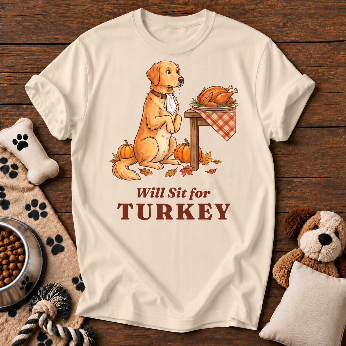 Golden Retriever Will Sit for Turkey Tee — funny dog t-shirt in Ivory, Comfort Colors 1717 flat lay