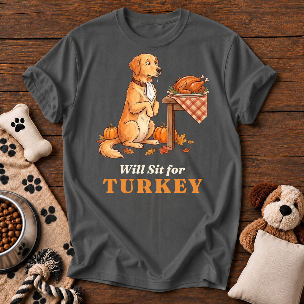 Golden Retriever Will Sit for Turkey Tee — funny dog t-shirt in Pepper, Comfort Colors 1717 flat lay