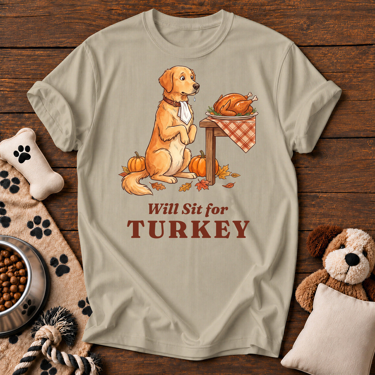 Golden Retriever Will Sit for Turkey Tee — funny dog t-shirt in Sandstone, Comfort Colors 1717 flat lay