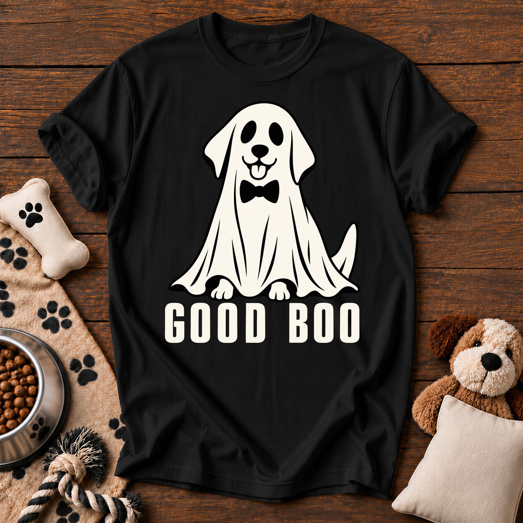 Good Boo Ghost Dog Tee — funny dog t-shirt in Black, Comfort Colors 1717 flat lay