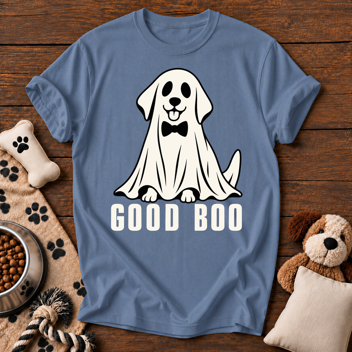 Good Boo Ghost Dog Tee — funny dog t-shirt in Blue Jean, Comfort Colors 1717 flat lay