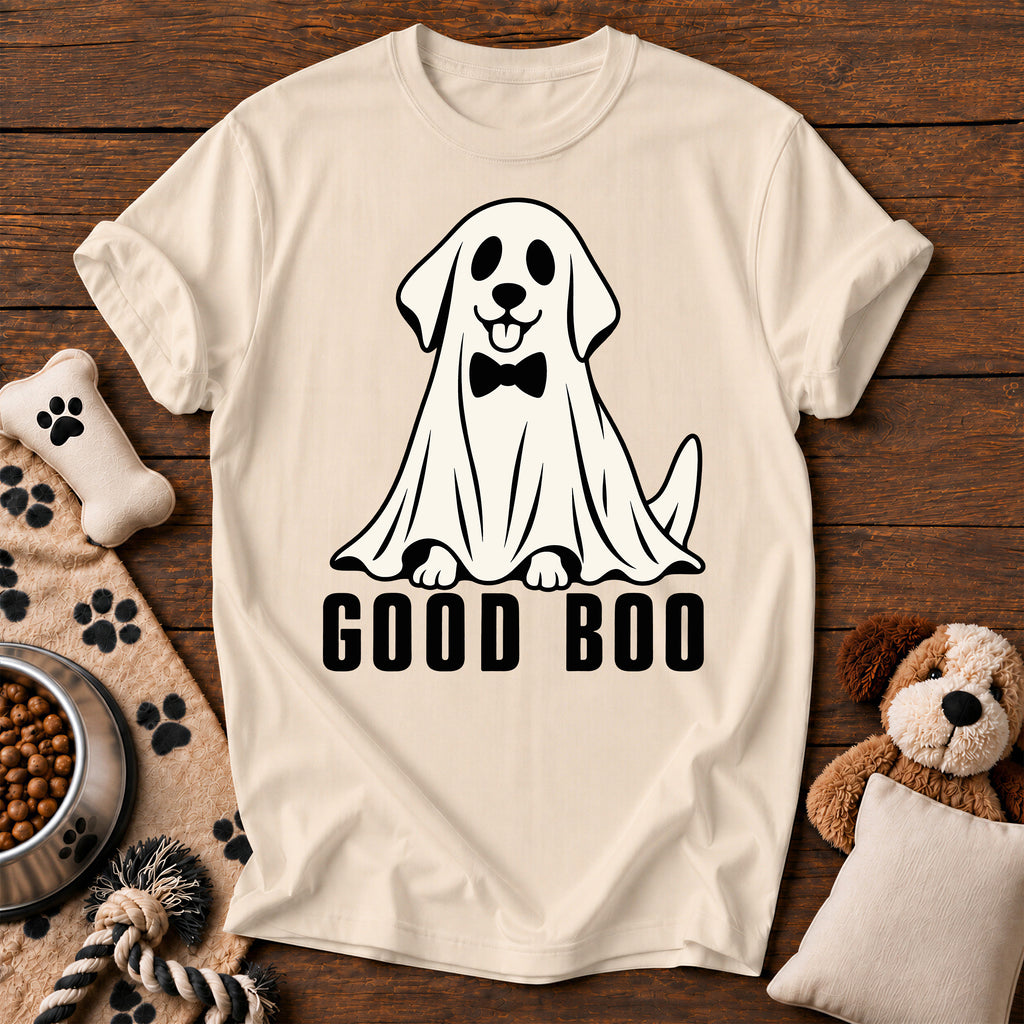 Good Boo Ghost Dog Tee — funny dog t-shirt in Ivory, Comfort Colors 1717 flat lay