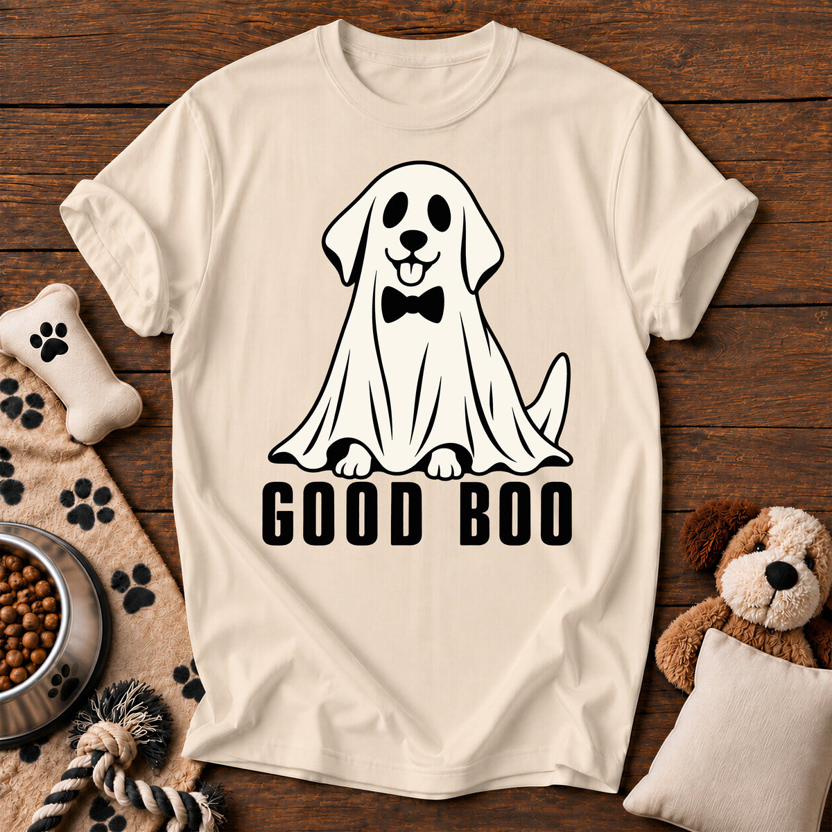 Good Boo Ghost Dog Tee — funny dog t-shirt in Ivory, Comfort Colors 1717 flat lay