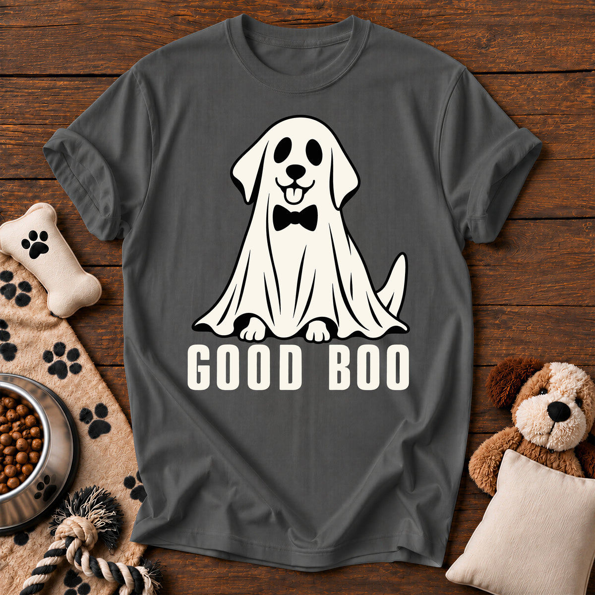 Good Boo Ghost Dog Tee — funny dog t-shirt in Pepper, Comfort Colors 1717 flat lay