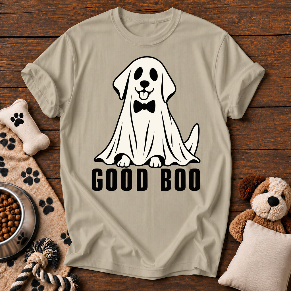 Good Boo Ghost Dog Tee — funny dog t-shirt in Sandstone, Comfort Colors 1717 flat lay