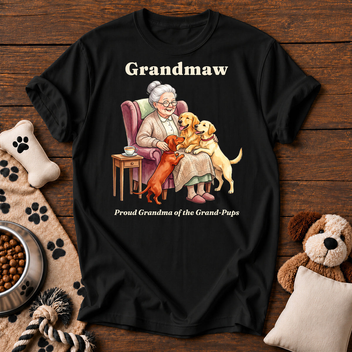 Grandmaw Dog Tee — funny dog t-shirt in Black, Comfort Colors 1717 flat lay