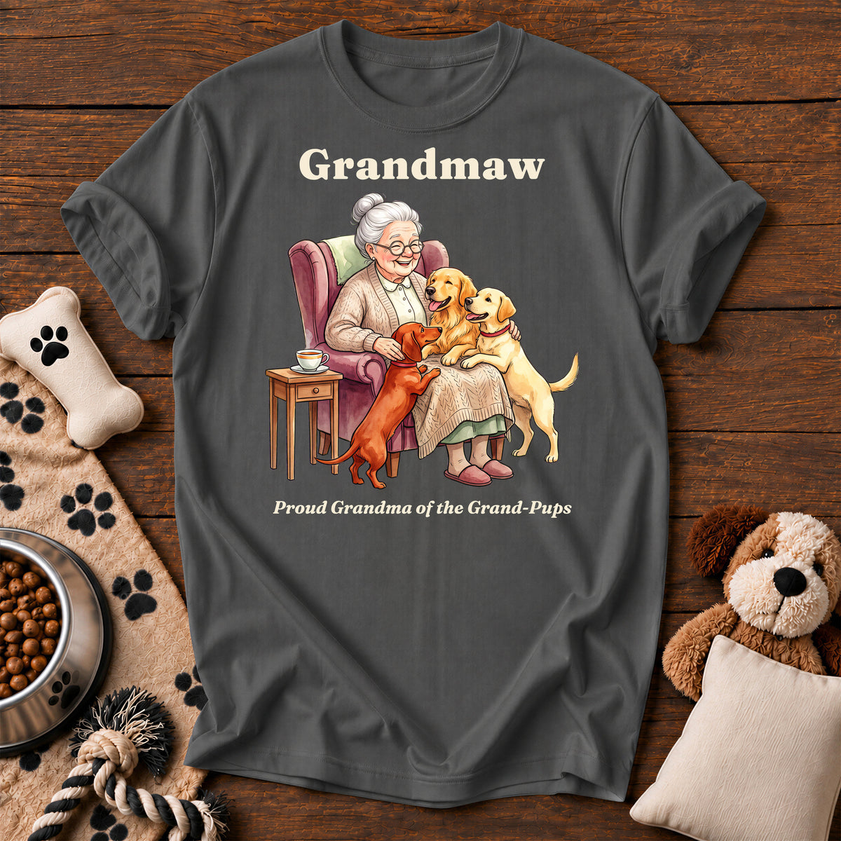 Grandmaw Dog Tee — funny dog t-shirt in Pepper, Comfort Colors 1717 flat lay