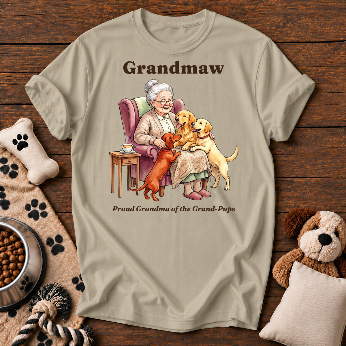 Grandmaw Dog Tee — funny dog t-shirt in Sandstone, Comfort Colors 1717 flat lay