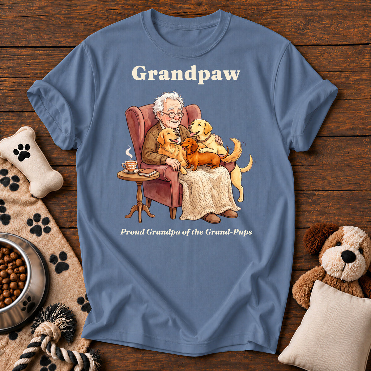 Grandpaw Dog Tee — funny dog t-shirt in Blue Jean, Comfort Colors 1717 flat lay