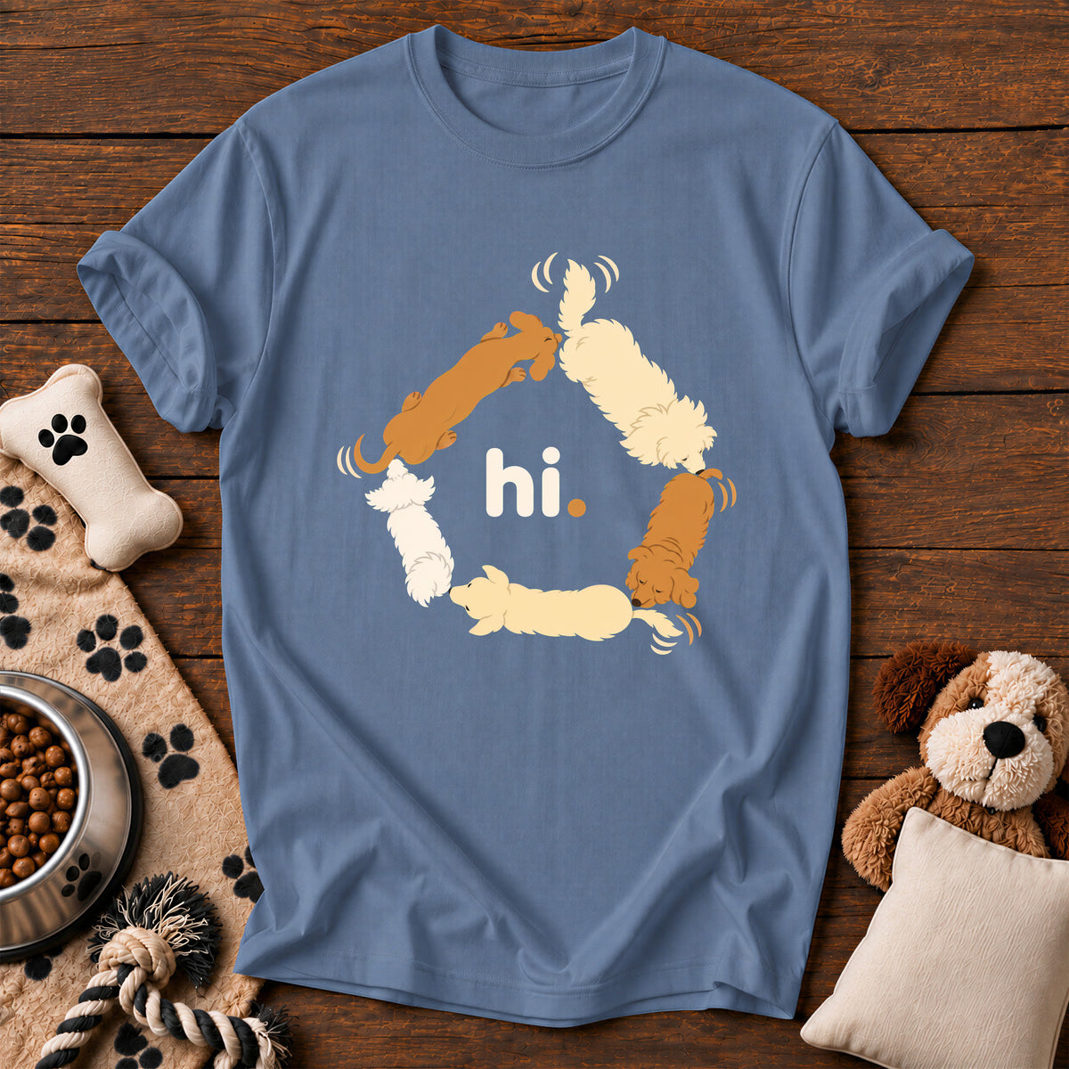 Hi. Butt Sniffing Dogs Tee — funny dog t-shirt in Blue Jean, Comfort Colors 1717 flat lay
