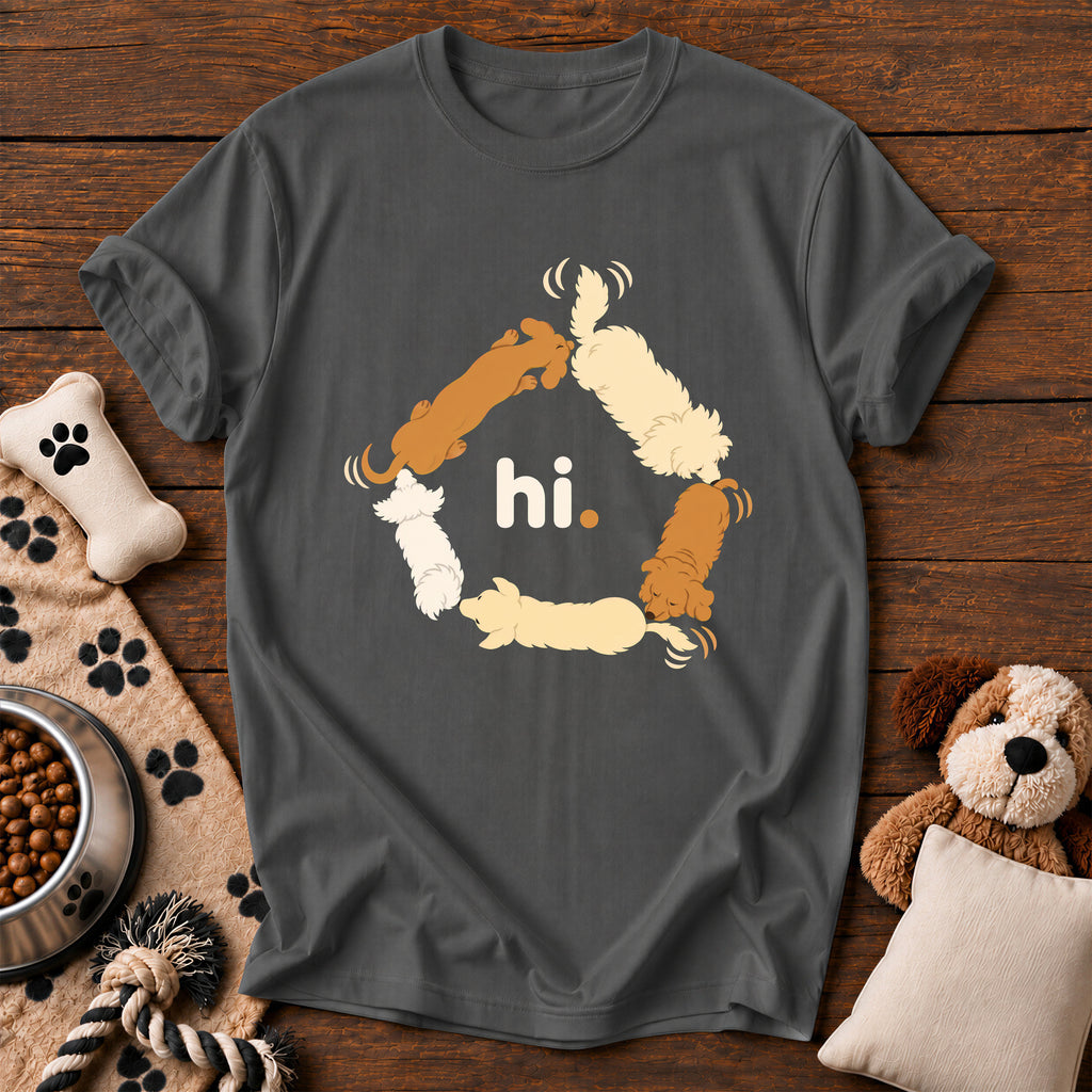 Hi. Butt Sniffing Dogs Tee — funny dog t-shirt in Pepper, Comfort Colors 1717 flat lay