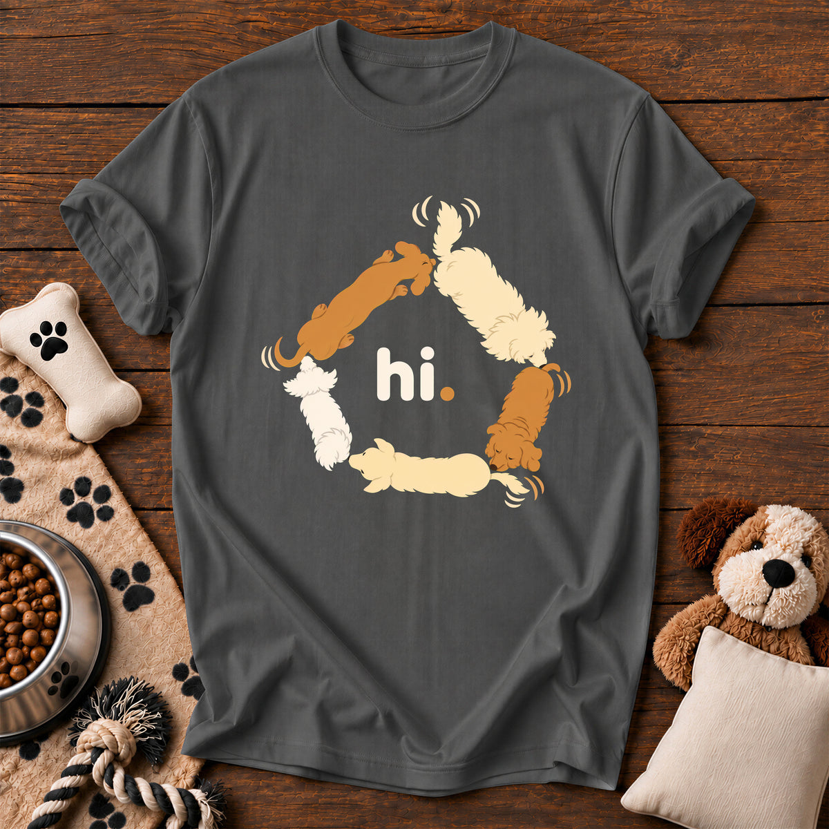 Hi. Butt Sniffing Dogs Tee — funny dog t-shirt in Pepper, Comfort Colors 1717 flat lay
