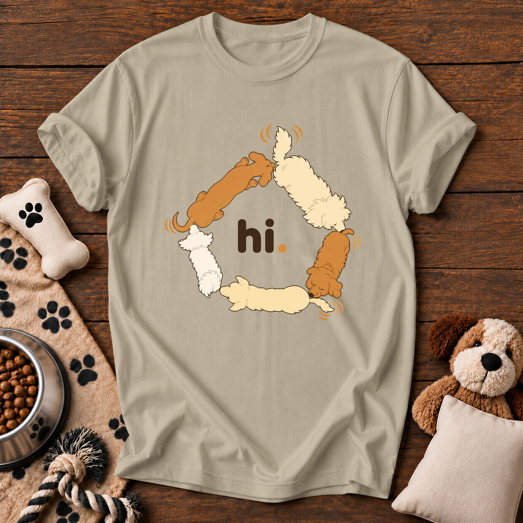 Hi. Butt Sniffing Dogs Tee — funny dog t-shirt in Sandstone, Comfort Colors 1717 flat lay