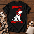 Howdy Pawtner Cowboy Dog Tee — funny dog t-shirt in Black, Comfort Colors 1717 flat lay