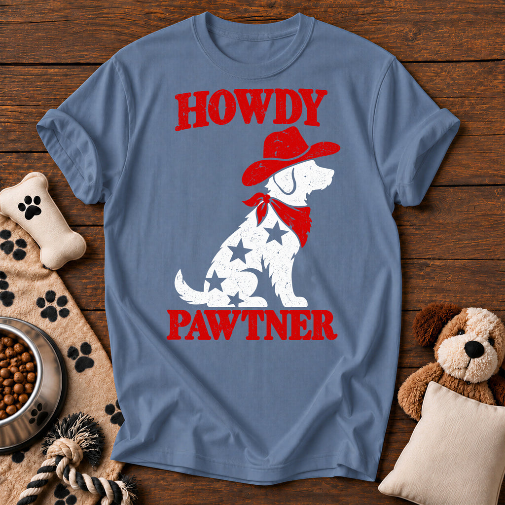Howdy Pawtner Cowboy Dog Tee — funny dog t-shirt in Blue Jean, Comfort Colors 1717 flat lay