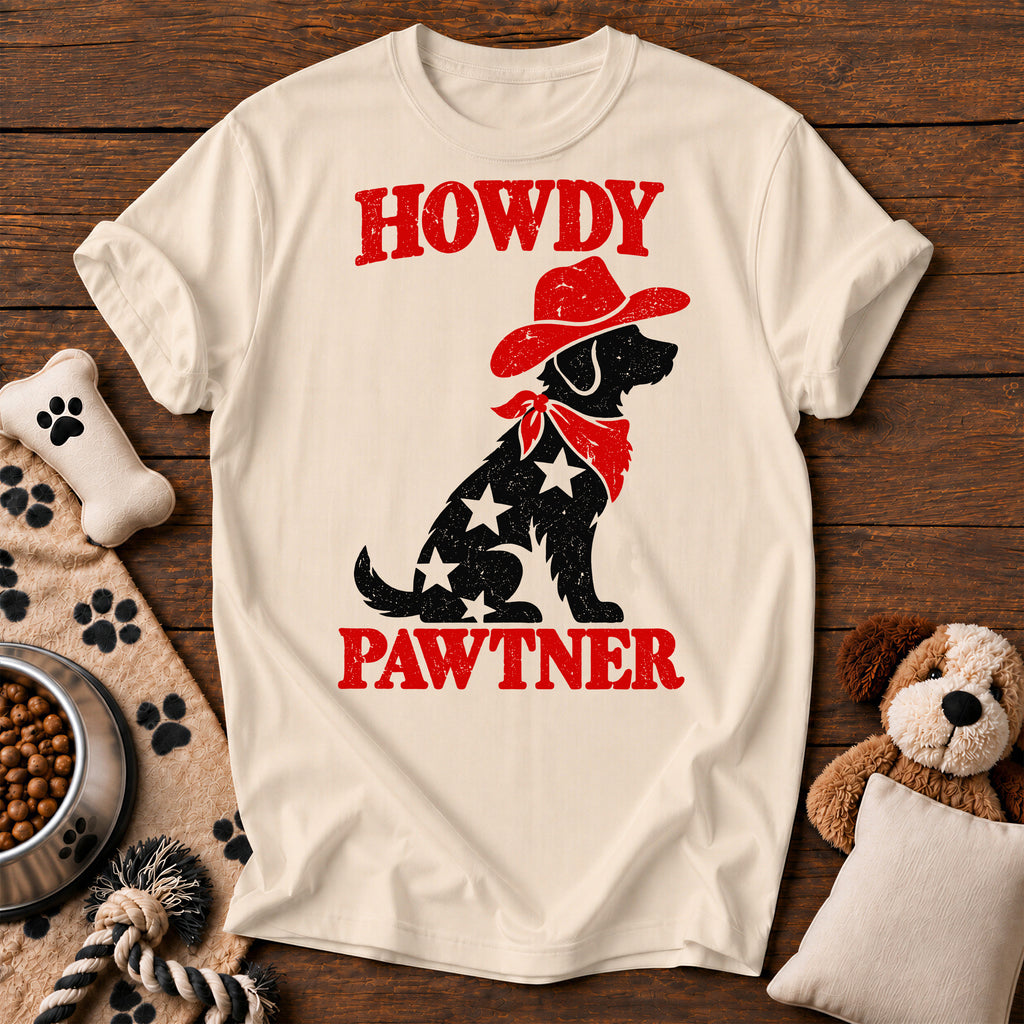 Howdy Pawtner Cowboy Dog Tee — funny dog t-shirt in Ivory, Comfort Colors 1717 flat lay