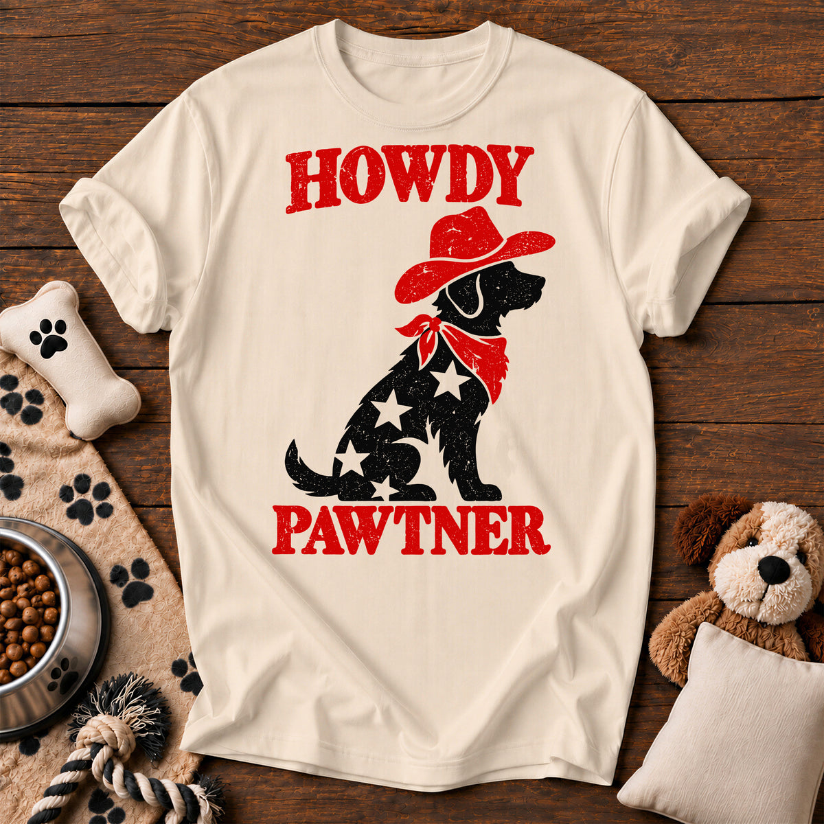 Howdy Pawtner Cowboy Dog Tee — funny dog t-shirt in Ivory, Comfort Colors 1717 flat lay