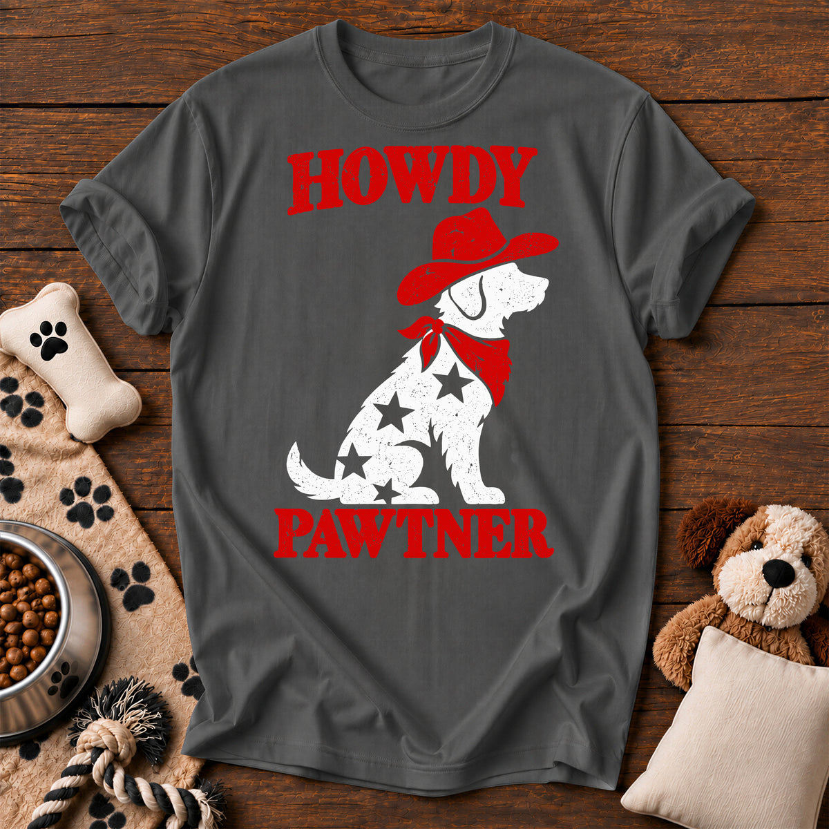 Howdy Pawtner Cowboy Dog Tee — funny dog t-shirt in Pepper, Comfort Colors 1717 flat lay
