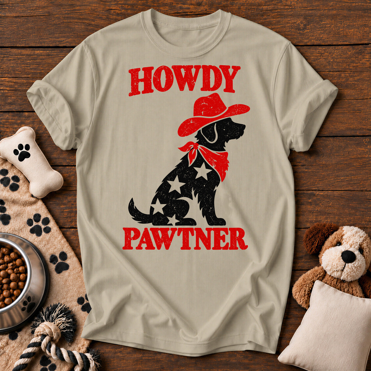 Howdy Pawtner Cowboy Dog Tee — funny dog t-shirt in Sandstone, Comfort Colors 1717 flat lay