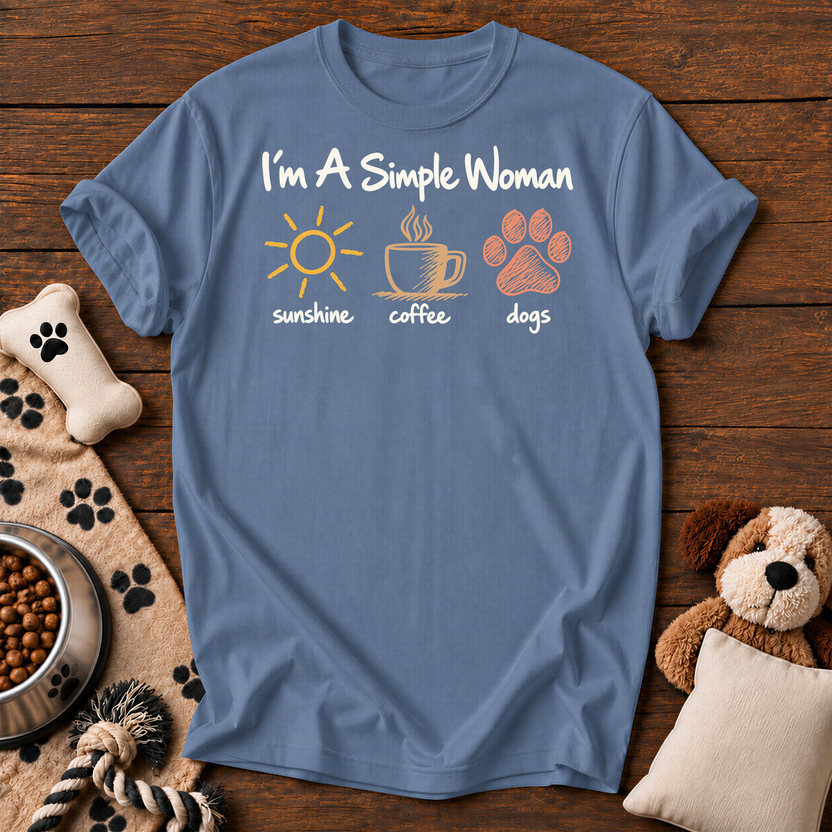 I'm a Simple Woman Dog Mom Tee — dog mom t-shirt in Blue Jean, Comfort Colors 1717 flat lay