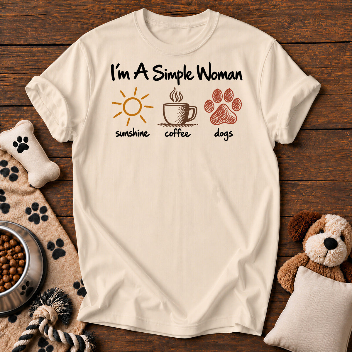 I'm a Simple Woman Dog Mom Tee — dog mom t-shirt in Ivory, Comfort Colors 1717 flat lay
