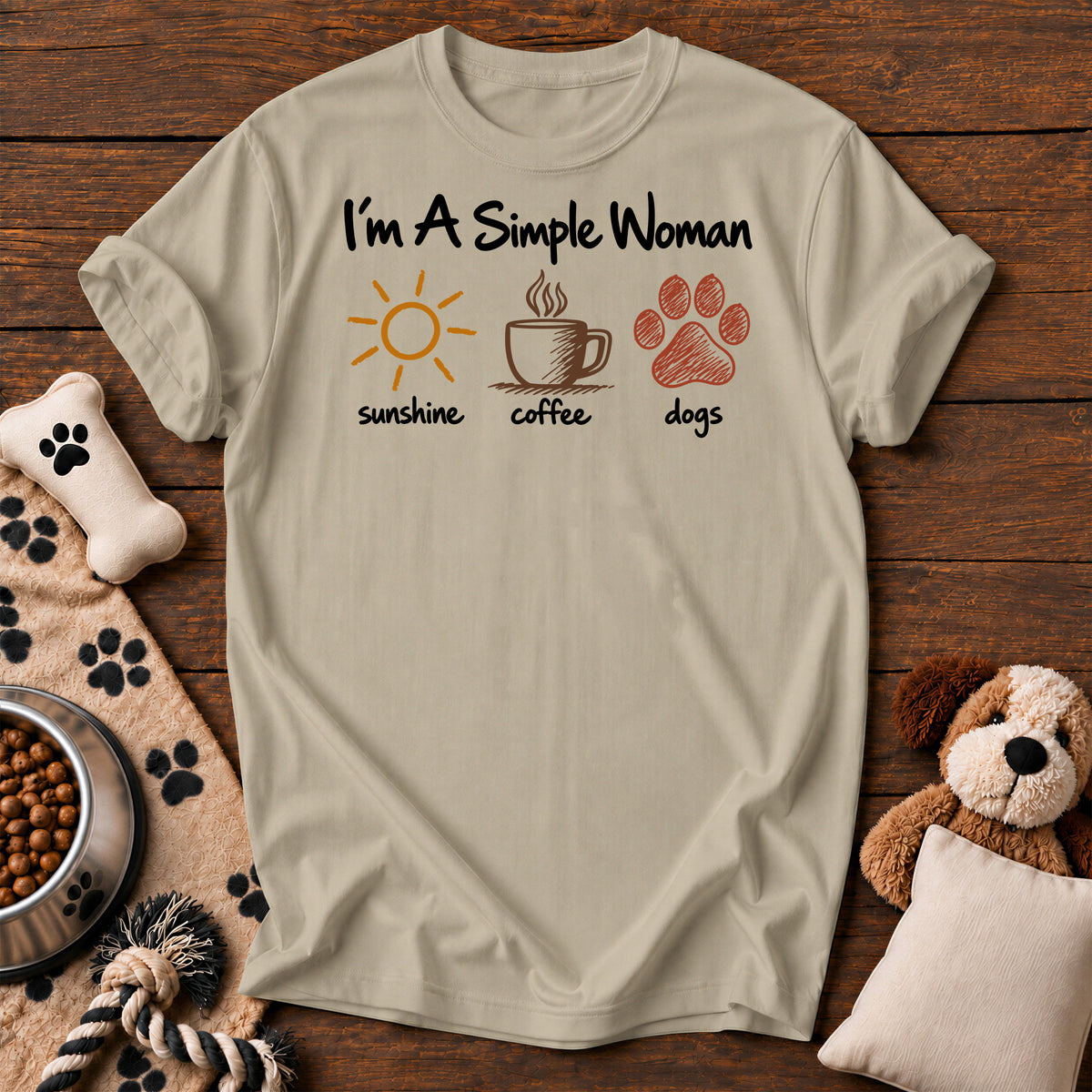 I'm a Simple Woman Dog Mom Tee — dog mom t-shirt in Sandstone, Comfort Colors 1717 flat lay