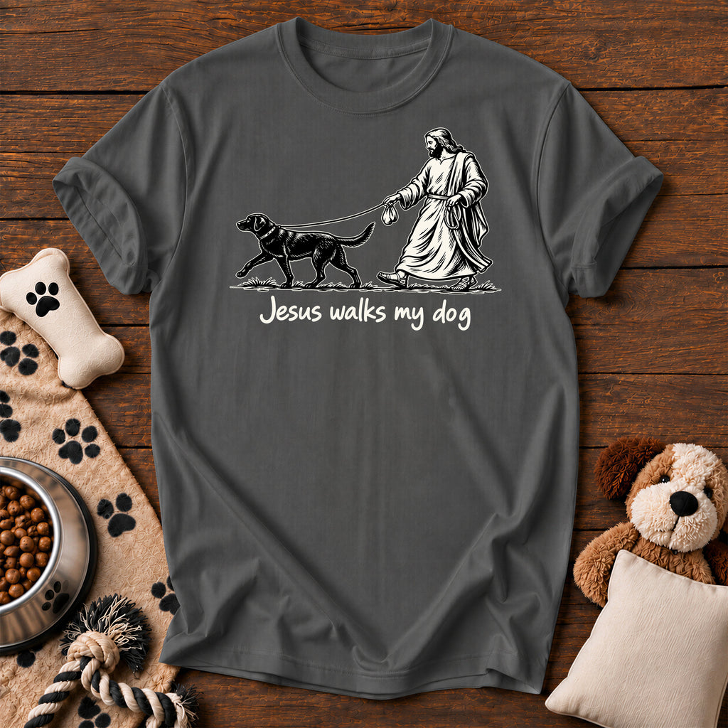 Jesus Walks My Dog Tee — funny Christian dog t-shirt in Pepper, Comfort Colors 1717 flat lay