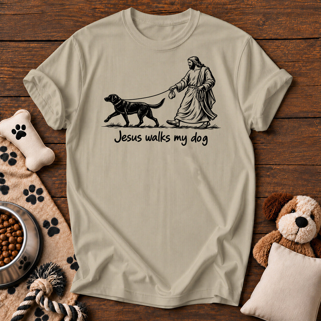 Jesus Walks My Dog Tee — funny Christian dog t-shirt in Sandstone, Comfort Colors 1717 flat lay