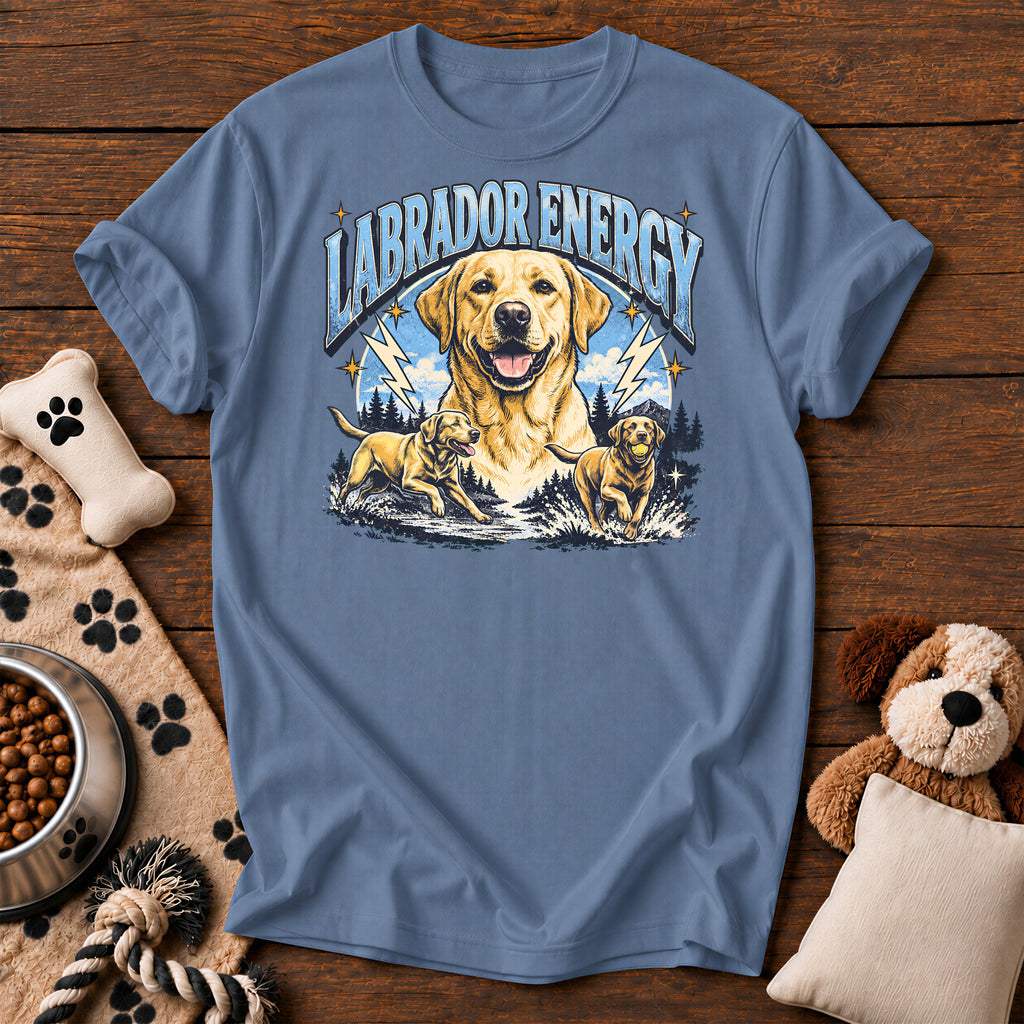 Labrador Retriever Energy Tee — funny dog t-shirt in Blue Jean, Comfort Colors 1717 flat lay