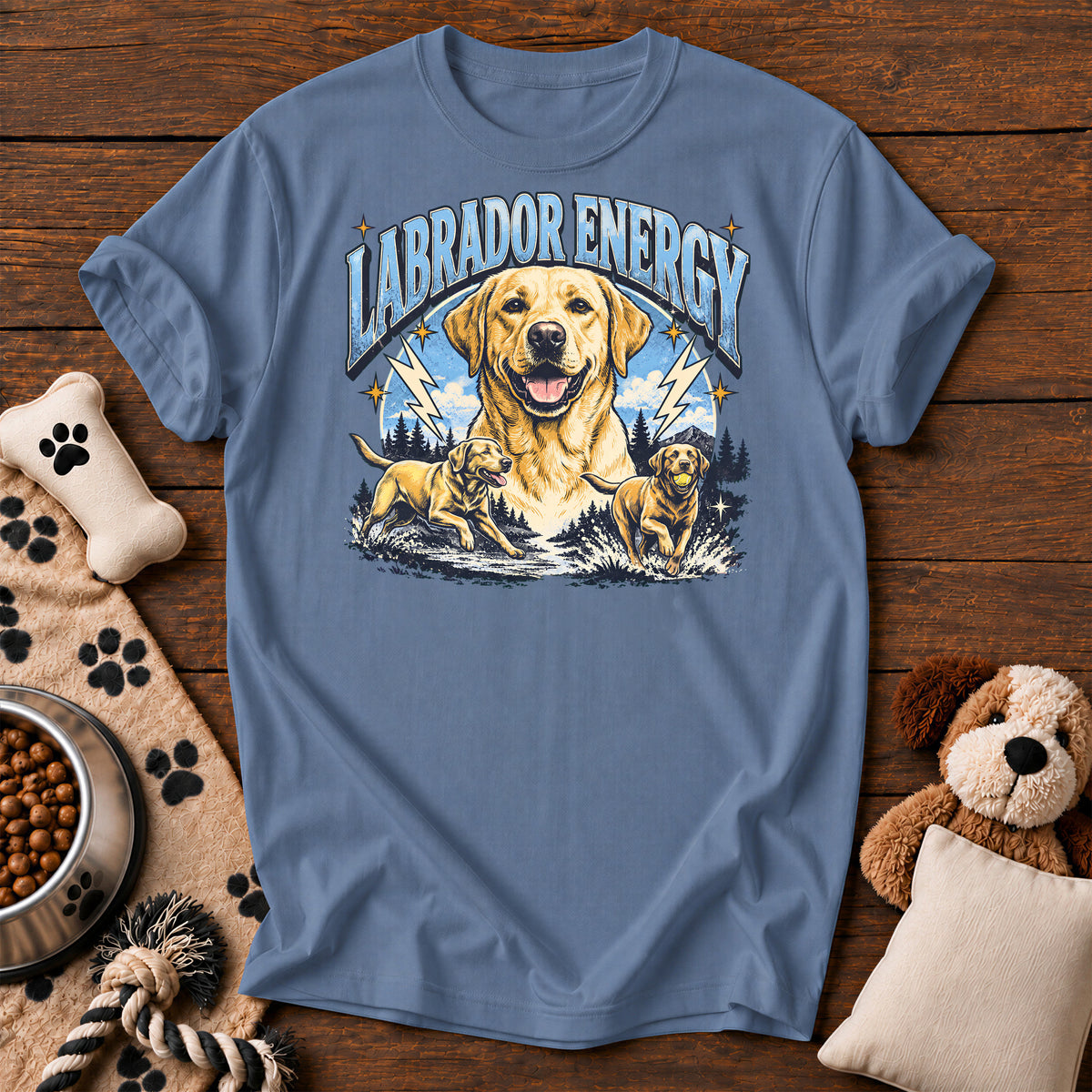 Labrador Retriever Energy Tee — funny dog t-shirt in Blue Jean, Comfort Colors 1717 flat lay