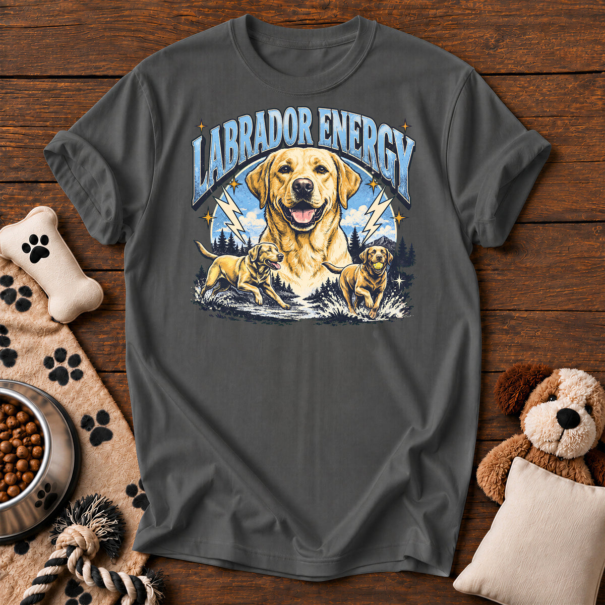 Labrador Retriever Energy Tee — funny dog t-shirt in Pepper, Comfort Colors 1717 flat lay