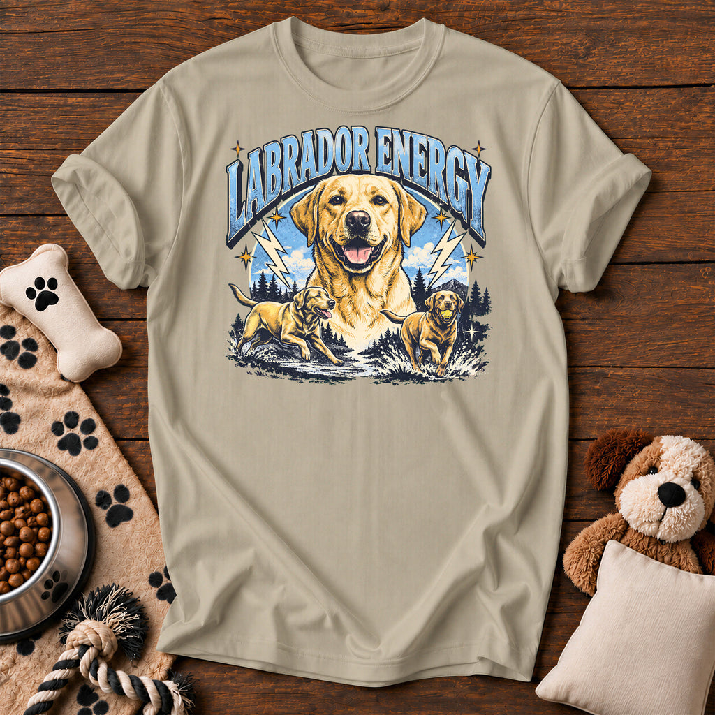 Labrador Retriever Energy Tee — funny dog t-shirt in Sandstone, Comfort Colors 1717 flat lay
