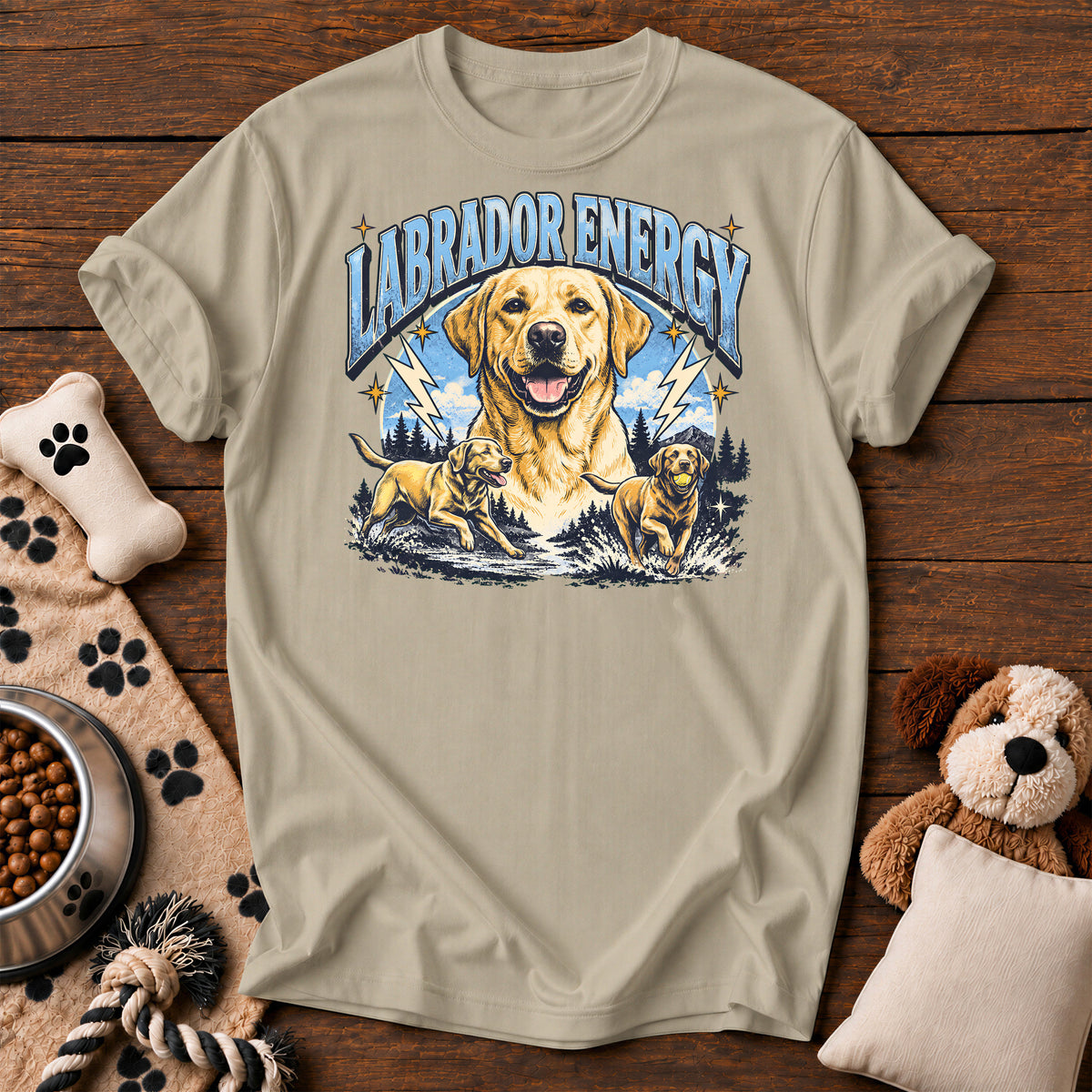 Labrador Retriever Energy Tee — funny dog t-shirt in Sandstone, Comfort Colors 1717 flat lay