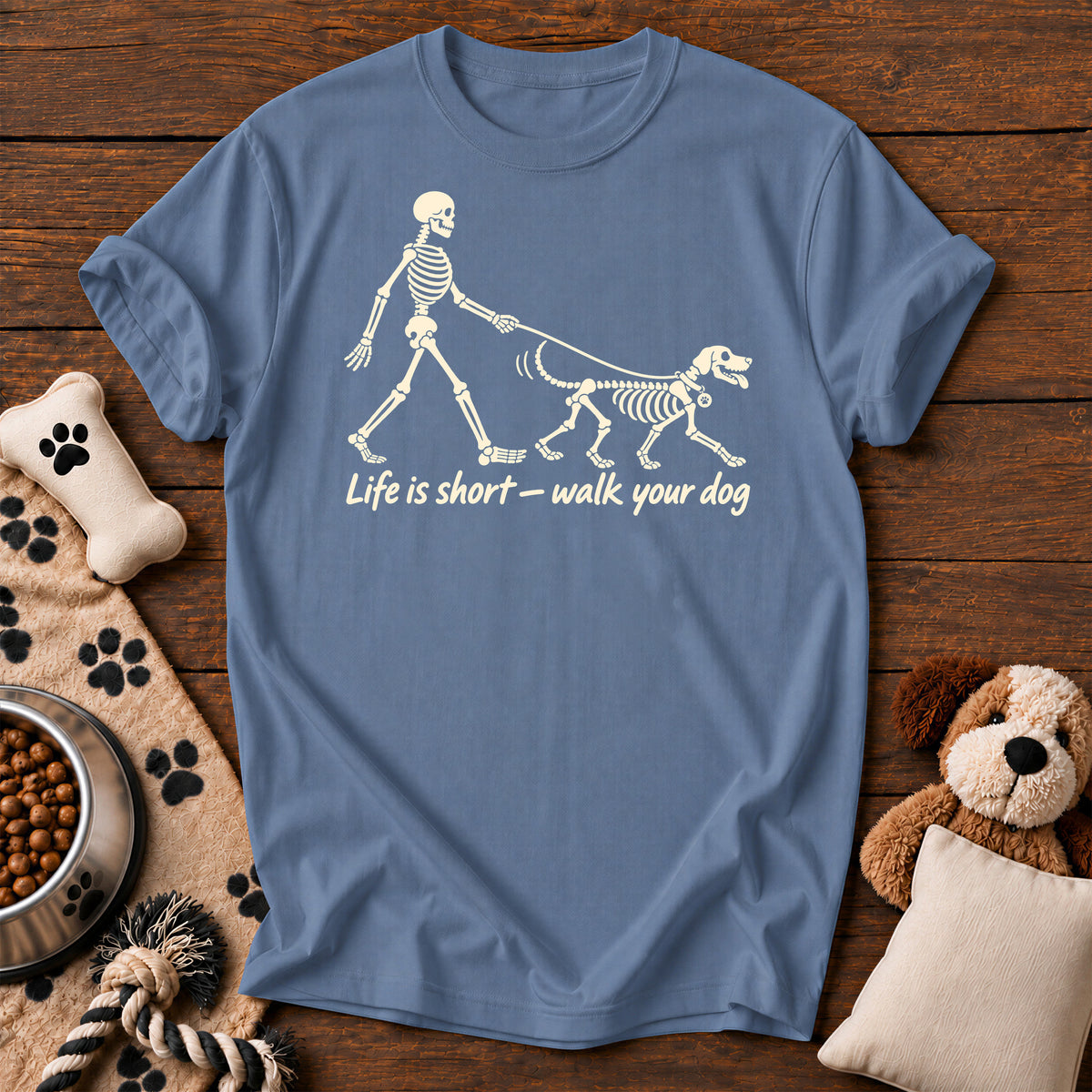 Life Is Short Walk Your Dog Tee — funny dog t-shirt in Blue Jean, Comfort Colors 1717 flat lay