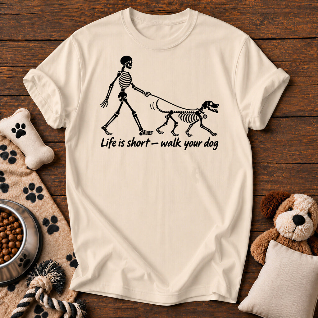 Life Is Short Walk Your Dog Tee — funny dog t-shirt in Ivory, Comfort Colors 1717 flat lay