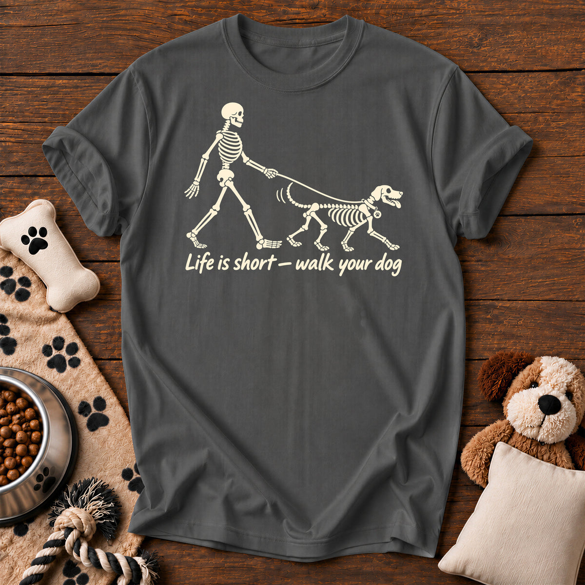 Life Is Short Walk Your Dog Tee — funny dog t-shirt in Pepper, Comfort Colors 1717 flat lay